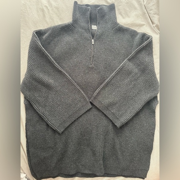 Toteme fisherman zipped wool blend roll neck sweater dark gray melange oversized - Picture 9 of 10
